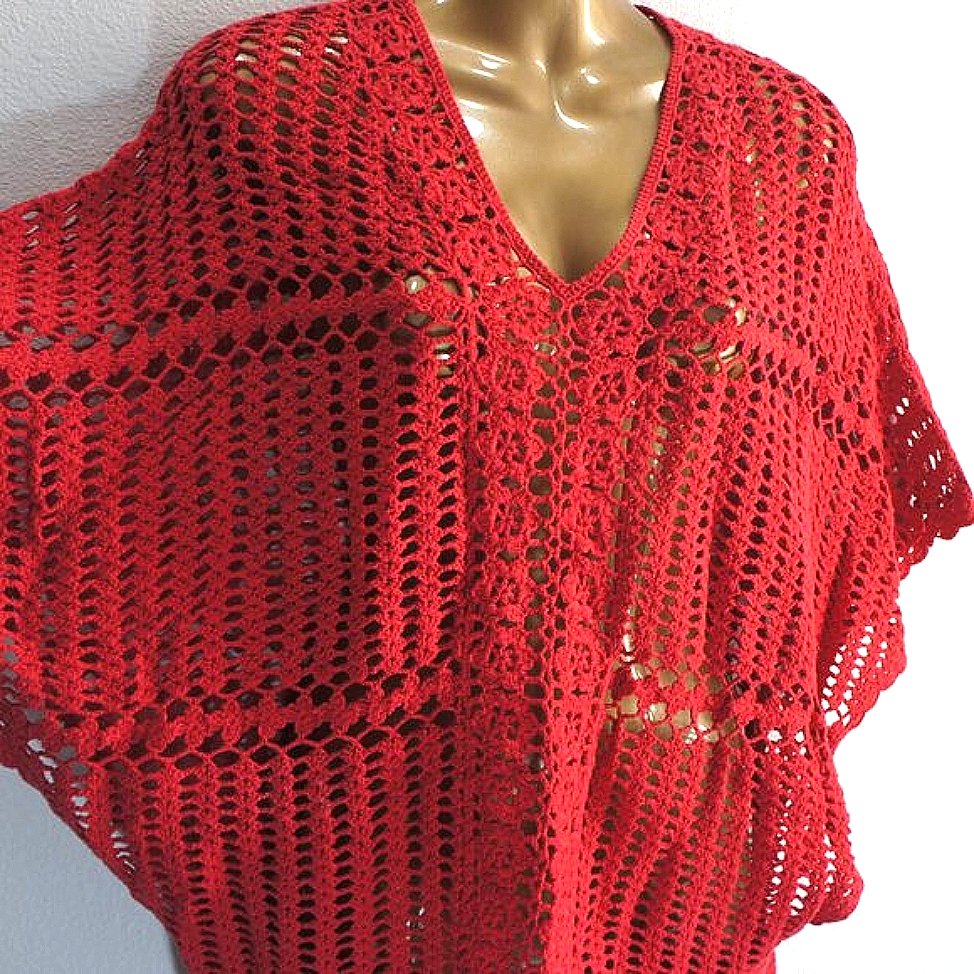Chicos Red Embroidered Open Weave V-Neck Sweater Size M/L